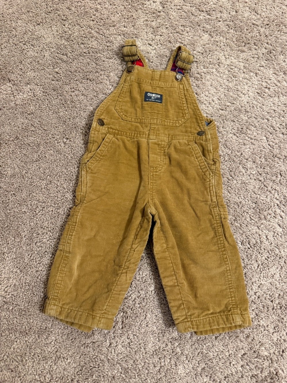 OshKosh B'gosh cognac brown Corduroy Overalls plaid flannel lining